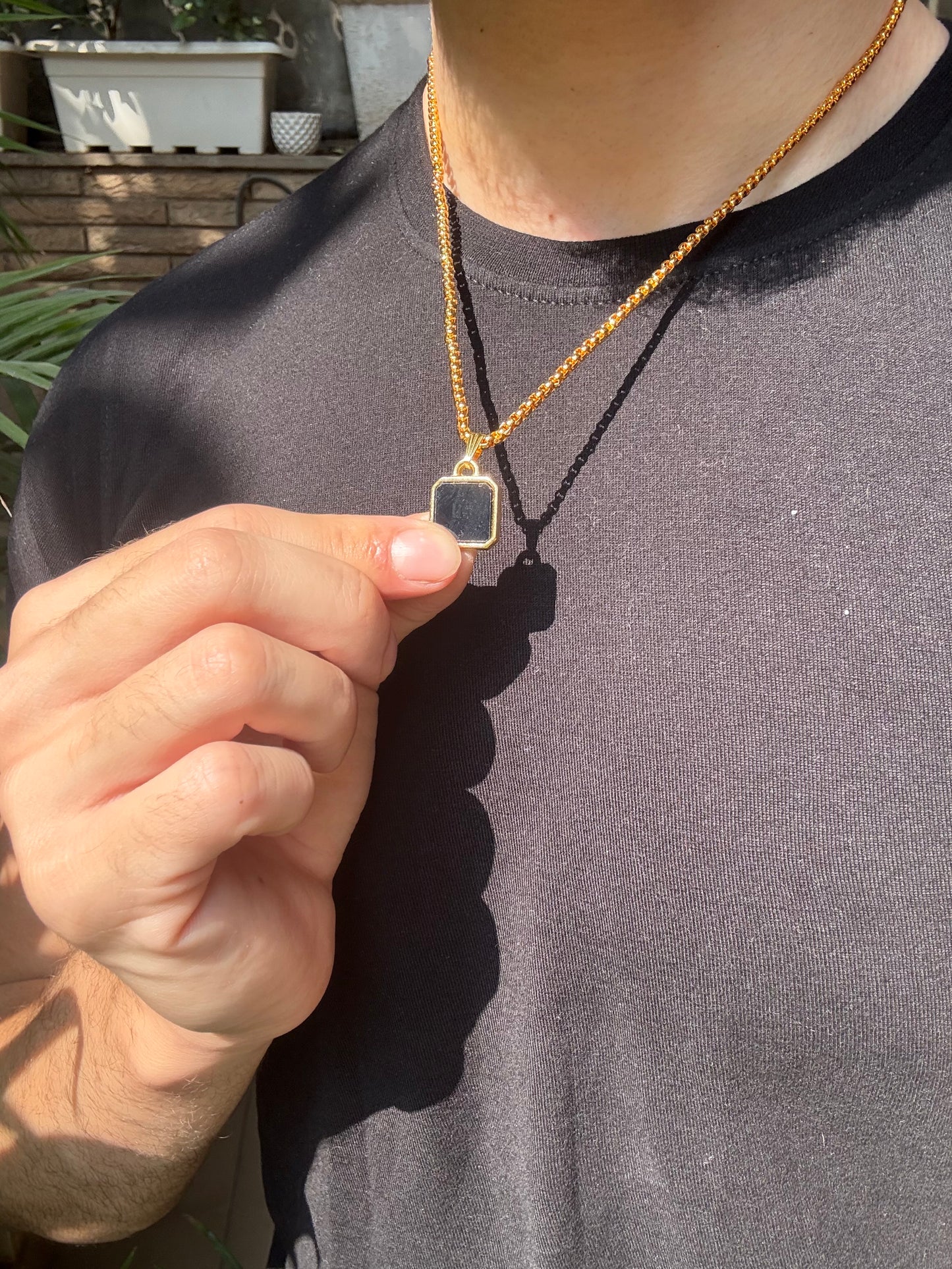 Titanium silver x 18k gold plated obsidian pendant with chain combo