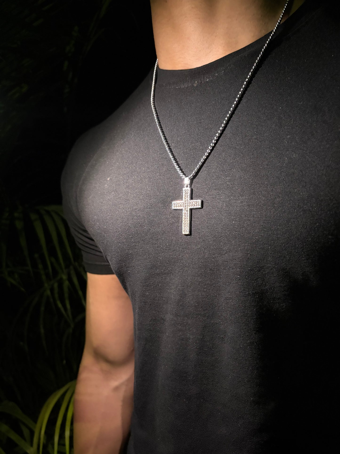 Iced-Out Alpha Cross pendent chain.