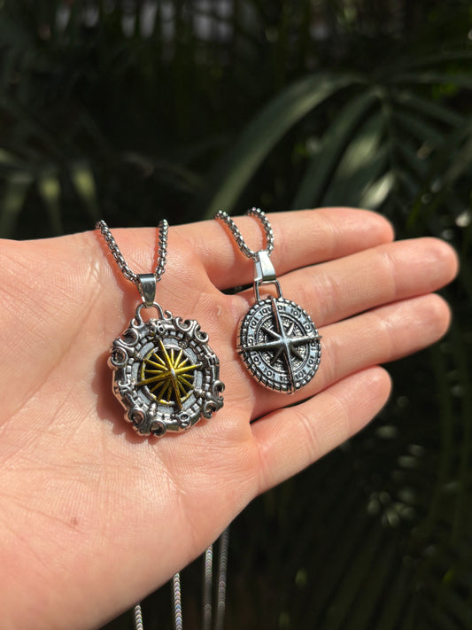 Vintage x titanium compass pendant with chain combo