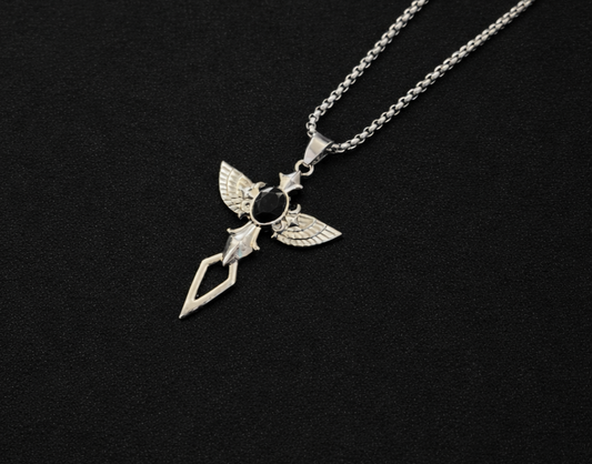 Obsidian angel cross pendant with chain.